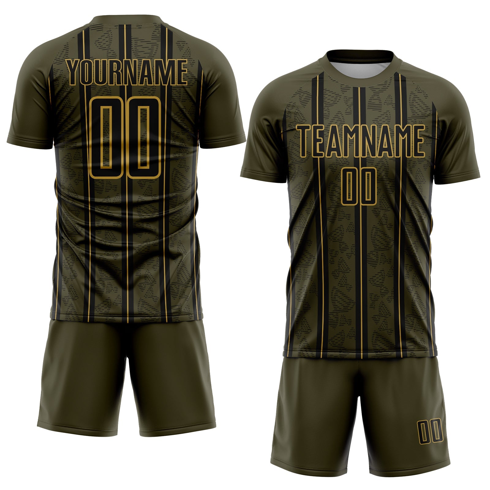 Custom Olive Black-Old Gold Stripe Line Sublimation Salute To Service Soccer Uniform Jersey view 2