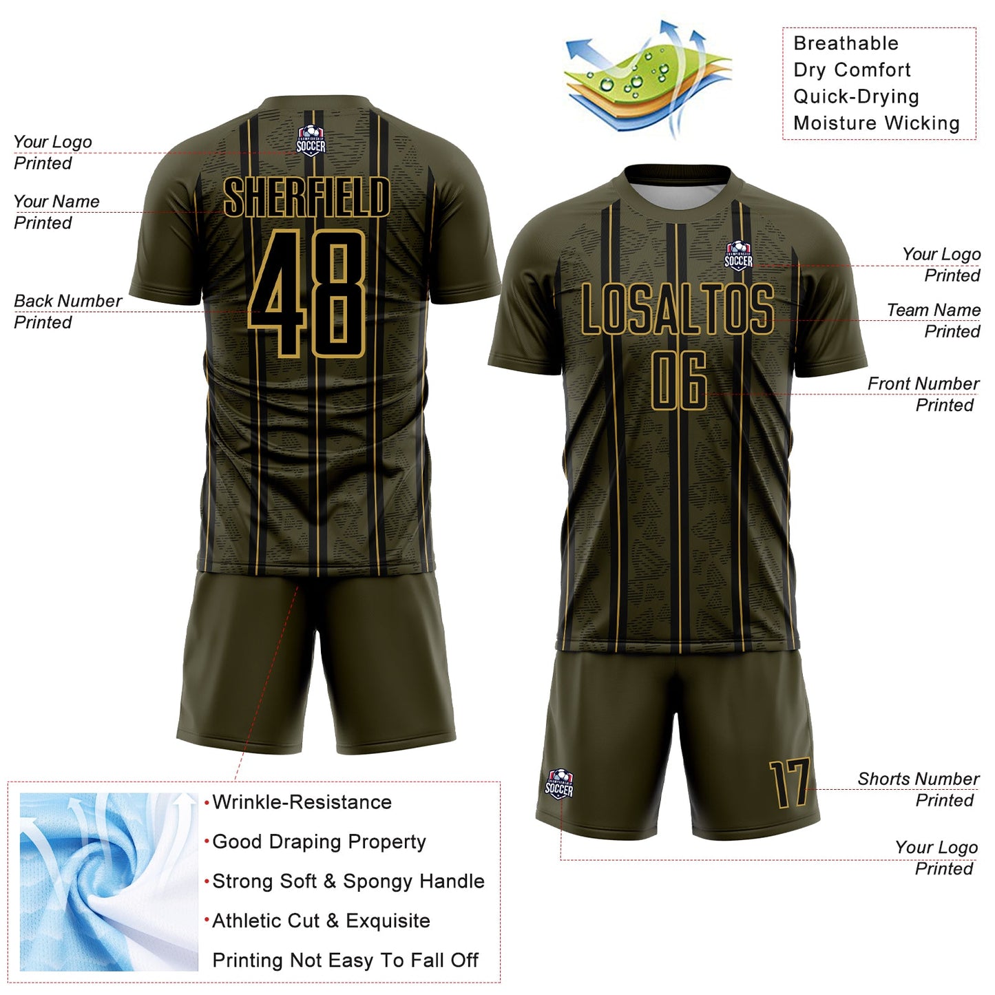 Custom Olive Black-Old Gold Stripe Line Sublimation Salute To Service Soccer Uniform Jersey view 4