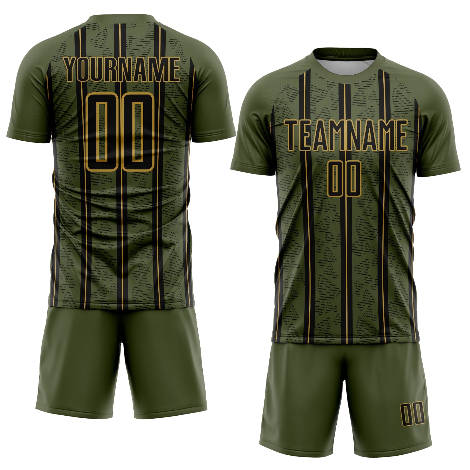 Custom Olive Black-Old Gold Stripe Line Sublimation Salute To Service Soccer Uniform Jersey view 2