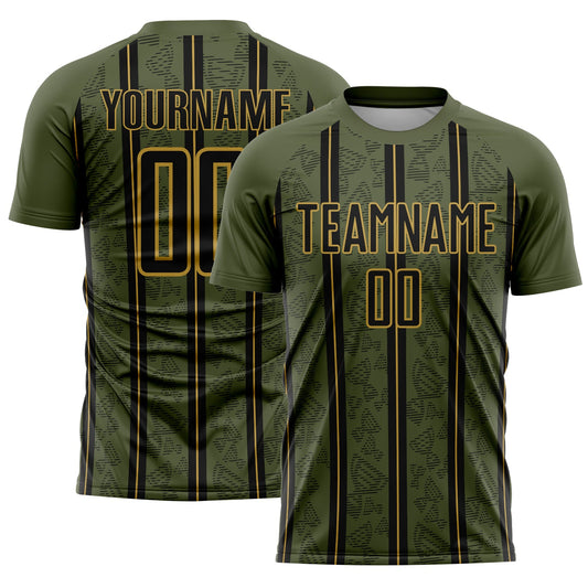 Custom Olive Black-Old Gold Stripe Line Sublimation Salute To Service Soccer Uniform Jersey - Main View