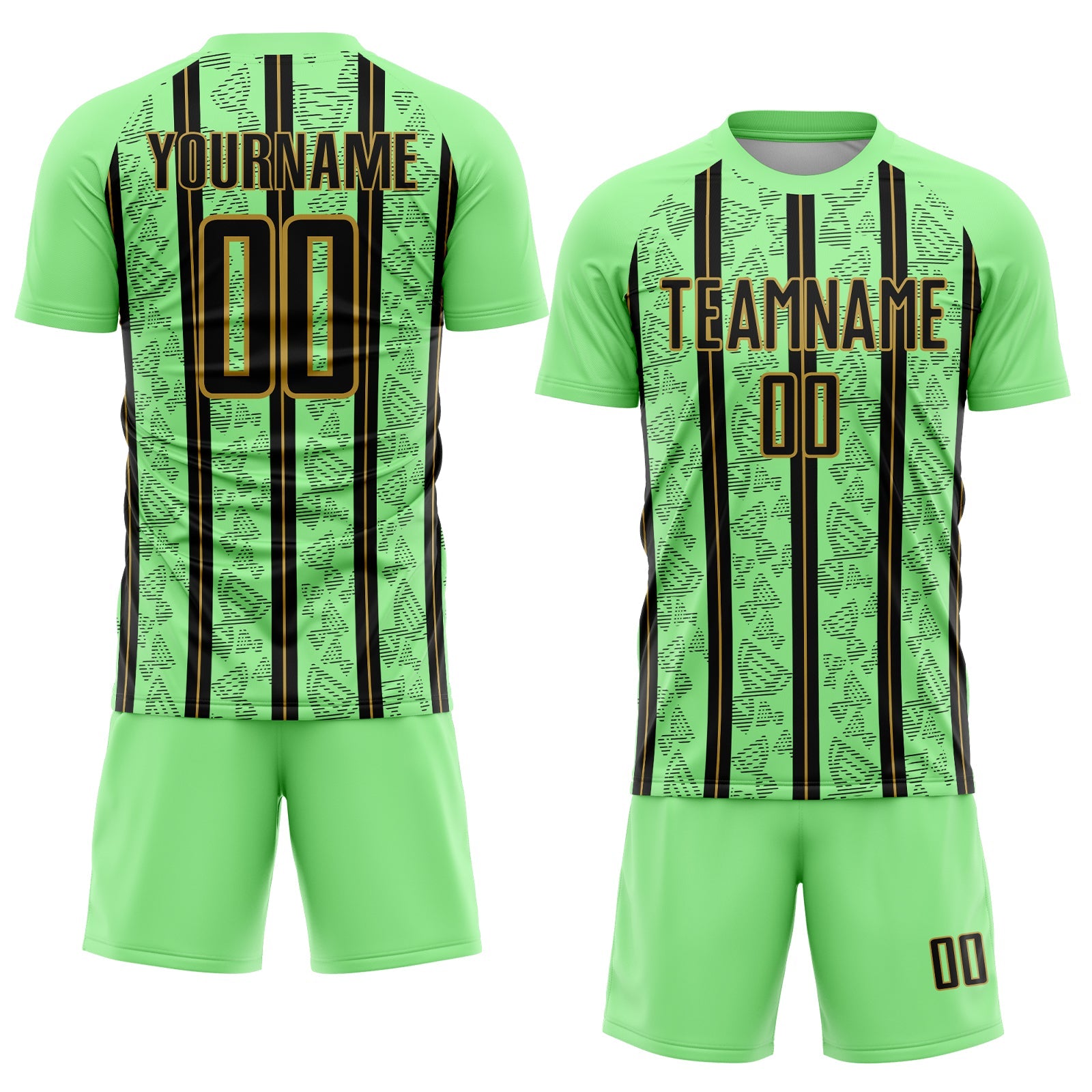 Custom Pea Green Black-Old Gold Stripe Line Sublimation Soccer Uniform Jersey view 2