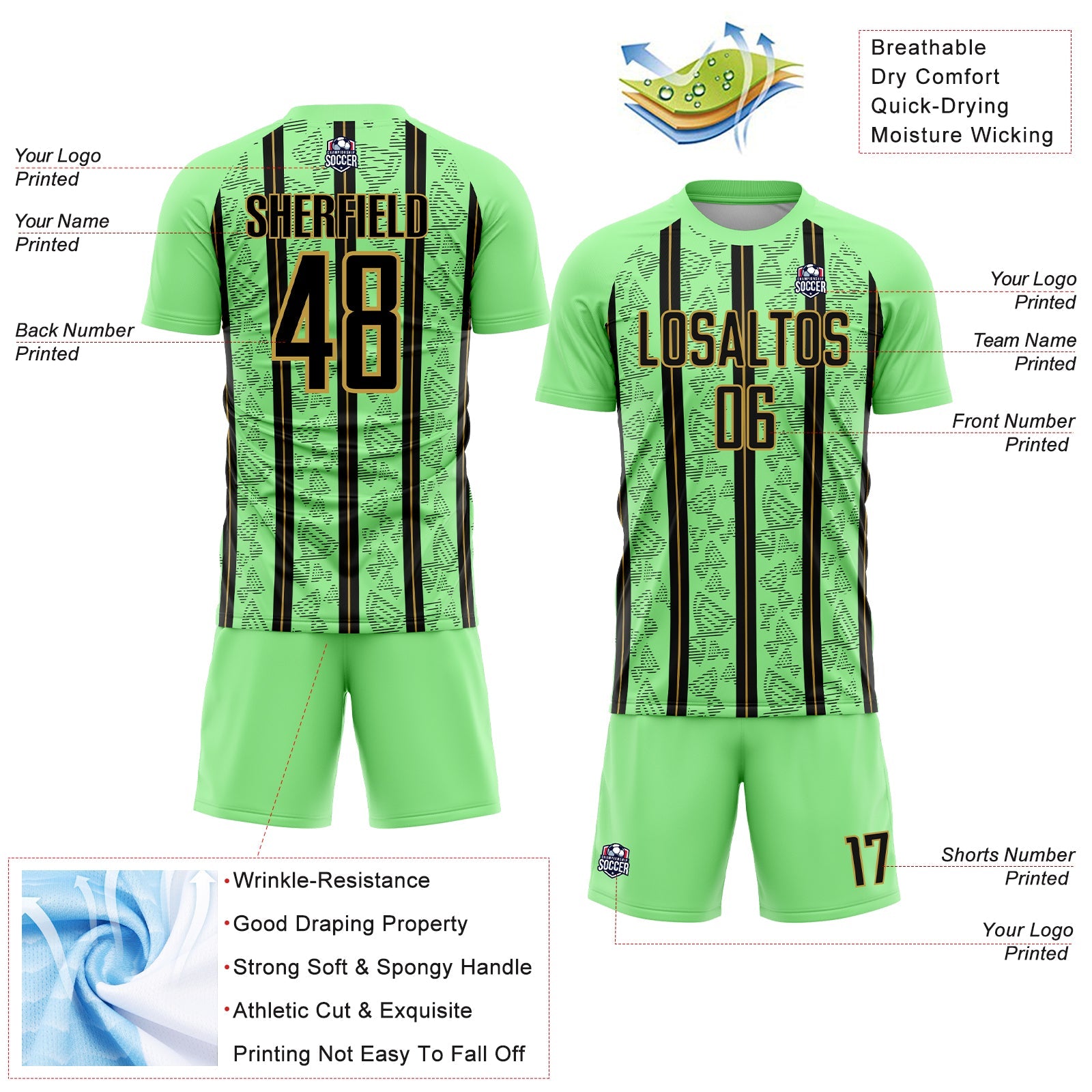 Custom Pea Green Black-Old Gold Stripe Line Sublimation Soccer Uniform Jersey view 4