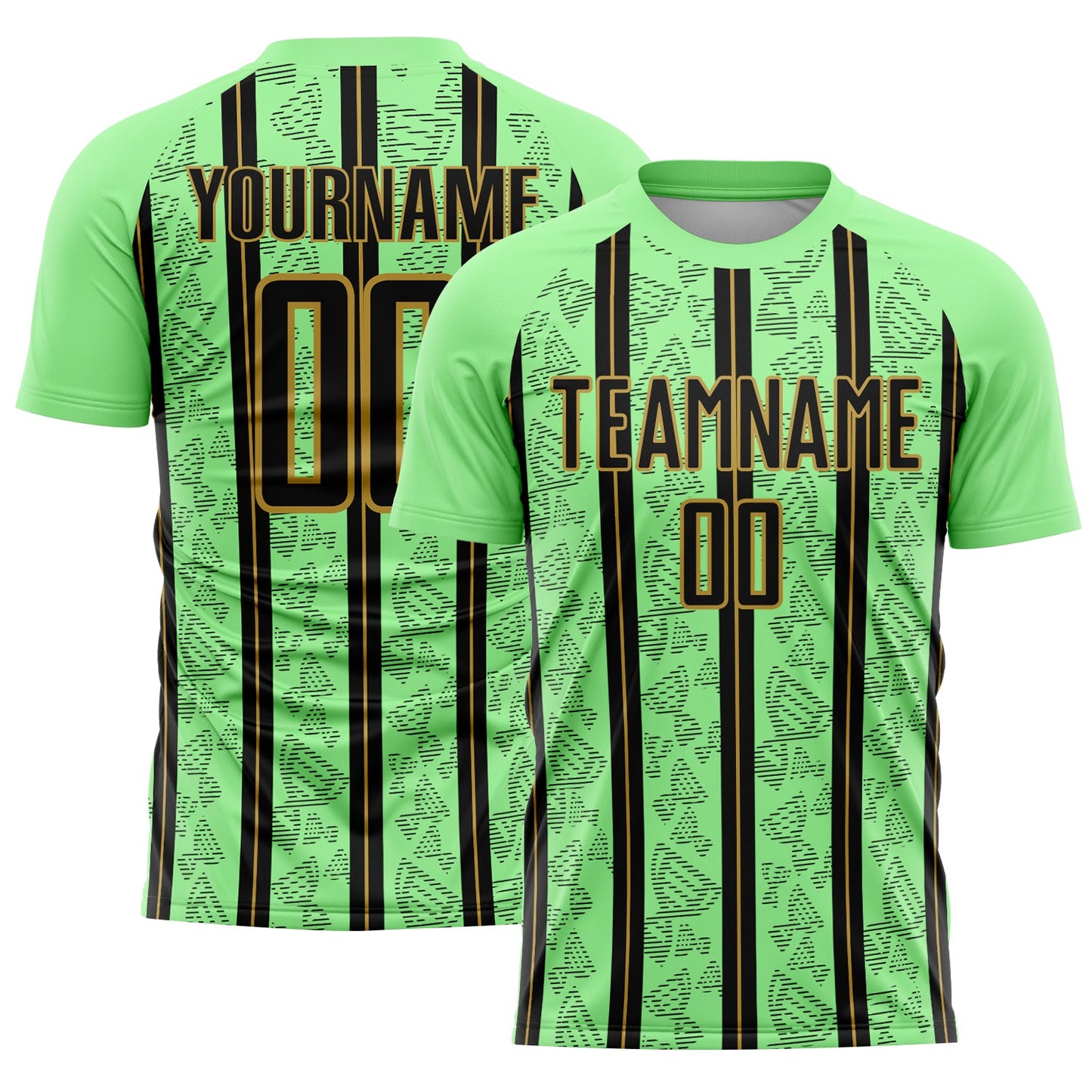 Custom Pea Green Black-Old Gold Stripe Line Sublimation Soccer Uniform Jersey - Main View