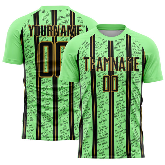 Custom Pea Green Black-Old Gold Stripe Line Sublimation Soccer Uniform Jersey - Main View