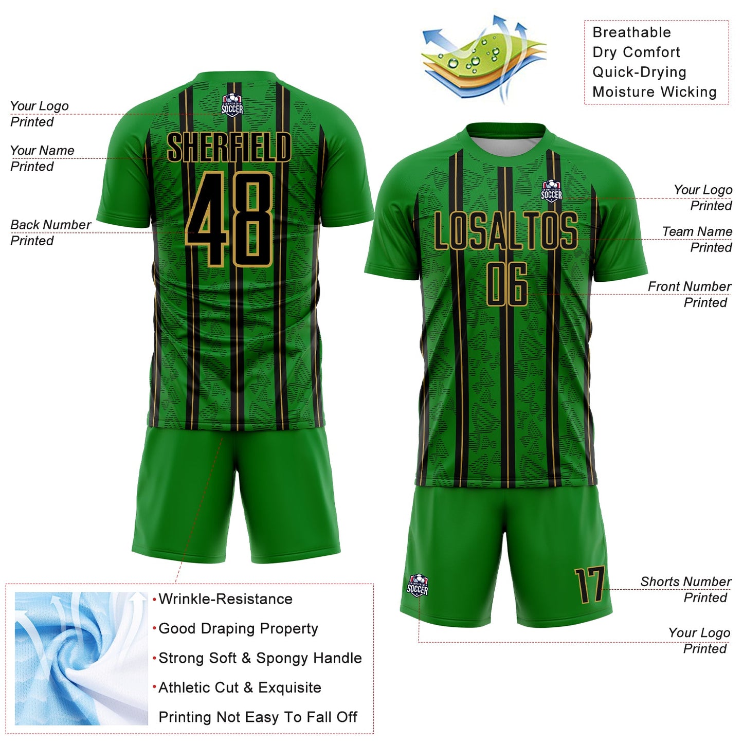 Custom Grass Green Black-Old Gold Stripe Line Sublimation Soccer Uniform Jersey view 4
