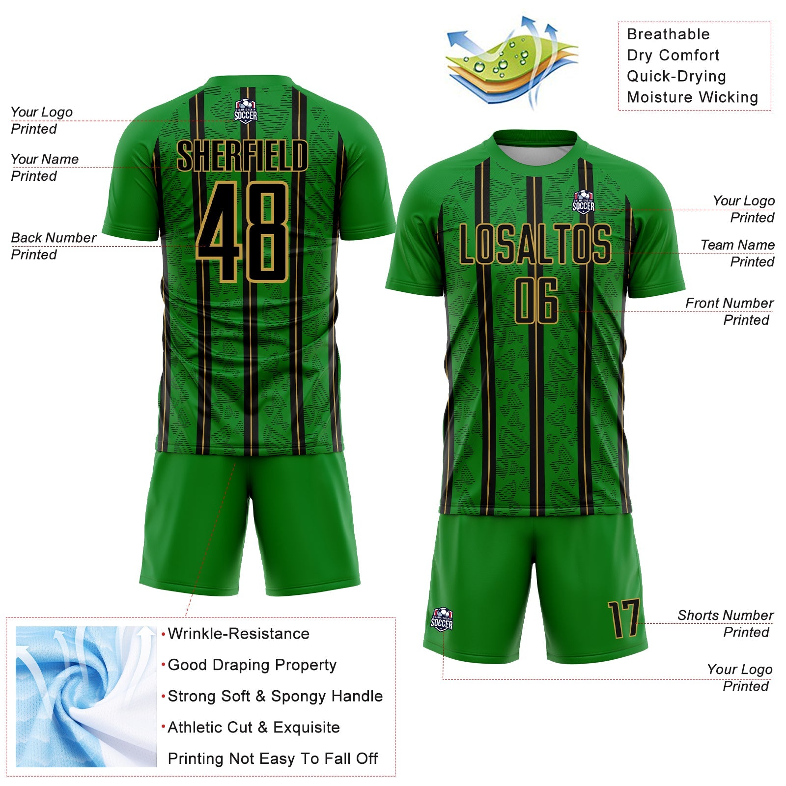 Custom Grass Green Black-Old Gold Stripe Line Sublimation Soccer Uniform Jersey view 4