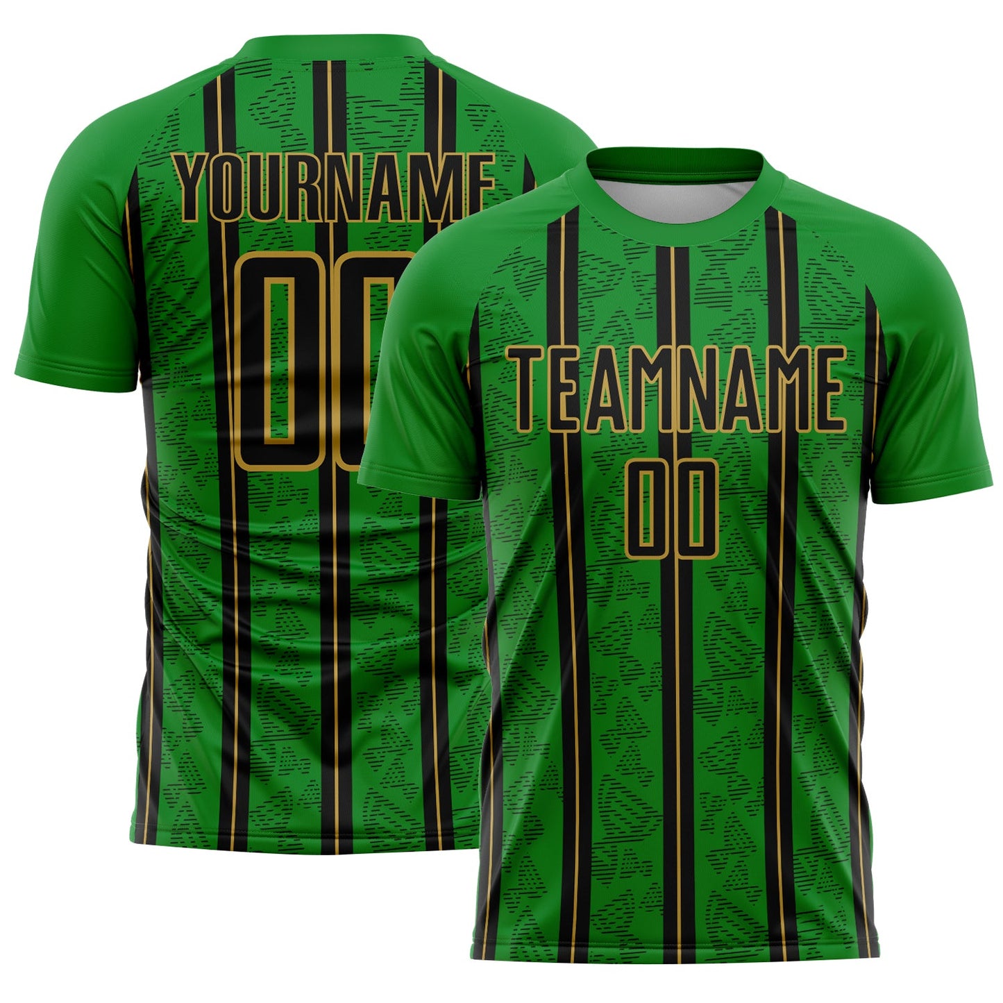 Custom Grass Green Black-Old Gold Stripe Line Sublimation Soccer Uniform Jersey - Main View