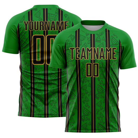 Custom Grass Green Black-Old Gold Stripe Line Sublimation Soccer Uniform Jersey - Main View