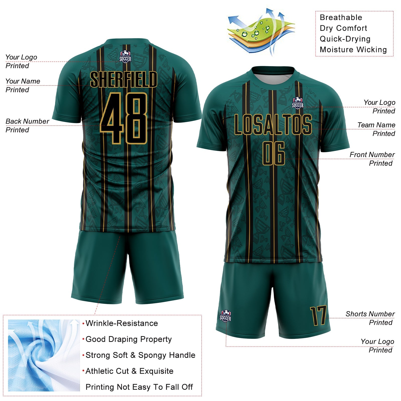 Custom Midnight Green Black-Old Gold Stripe Line Sublimation Soccer Uniform Jersey view 4