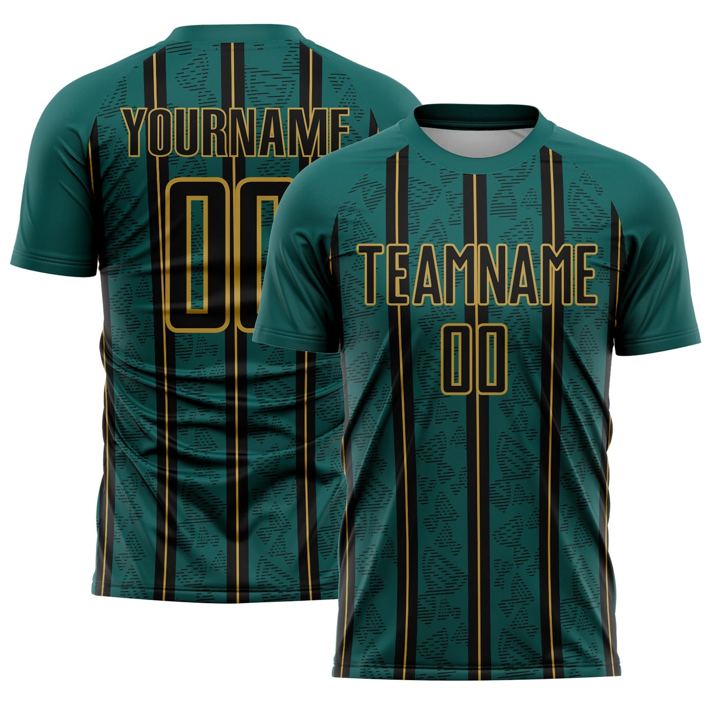 Custom Midnight Green Black-Old Gold Stripe Line Sublimation Soccer Uniform Jersey - Main View