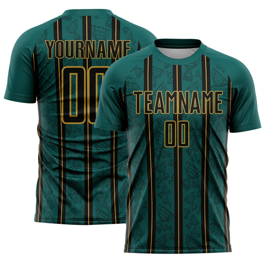 Custom Midnight Green Black-Old Gold Stripe Line Sublimation Soccer Uniform Jersey - Main View