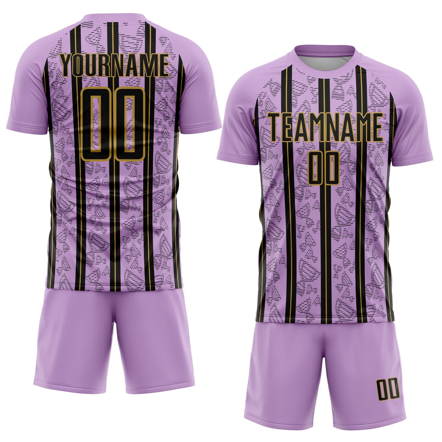 Custom Light Purple Black-Old Gold Stripe Line Sublimation Soccer Uniform Jersey view 2