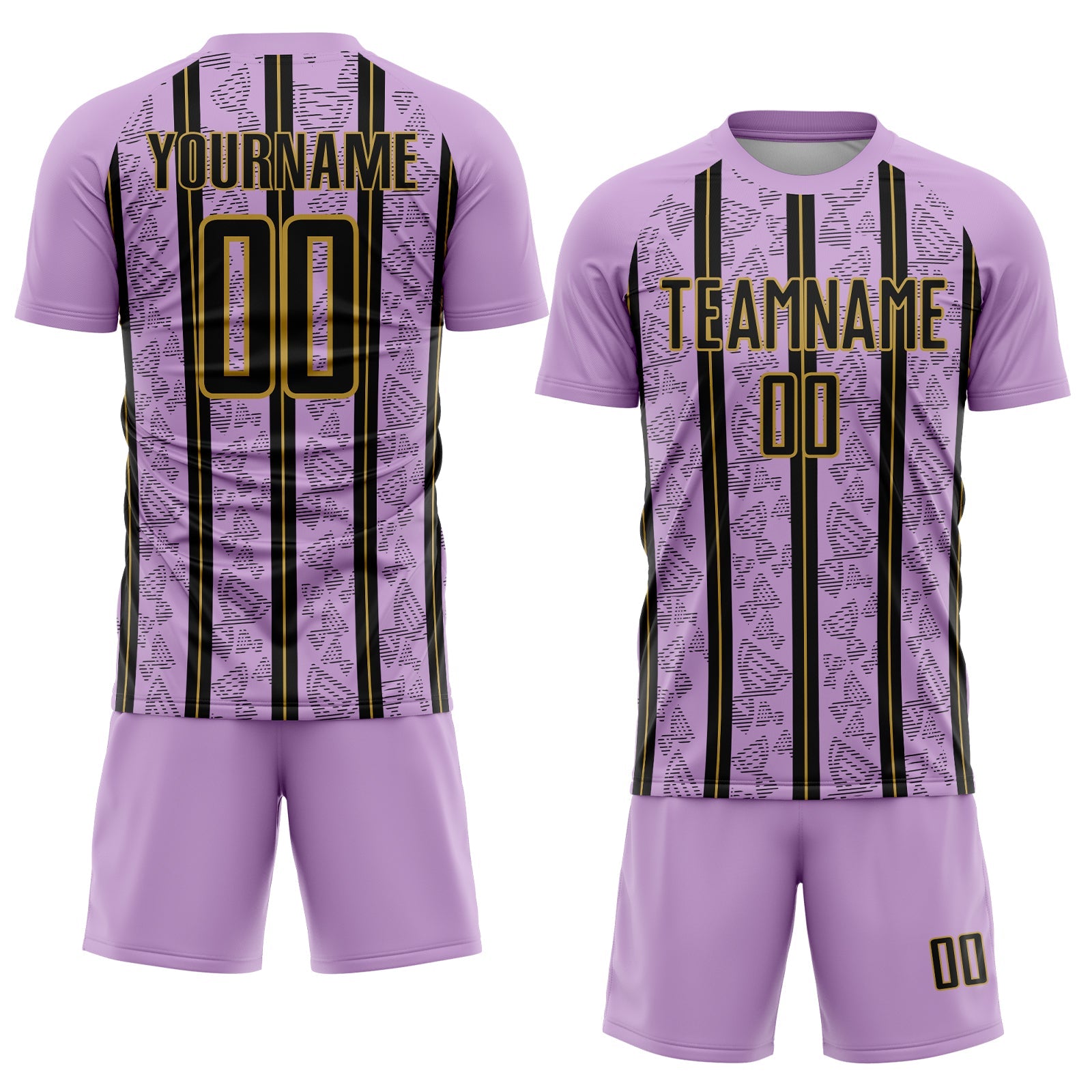 Custom Light Purple Black-Old Gold Stripe Line Sublimation Soccer Uniform Jersey view 2
