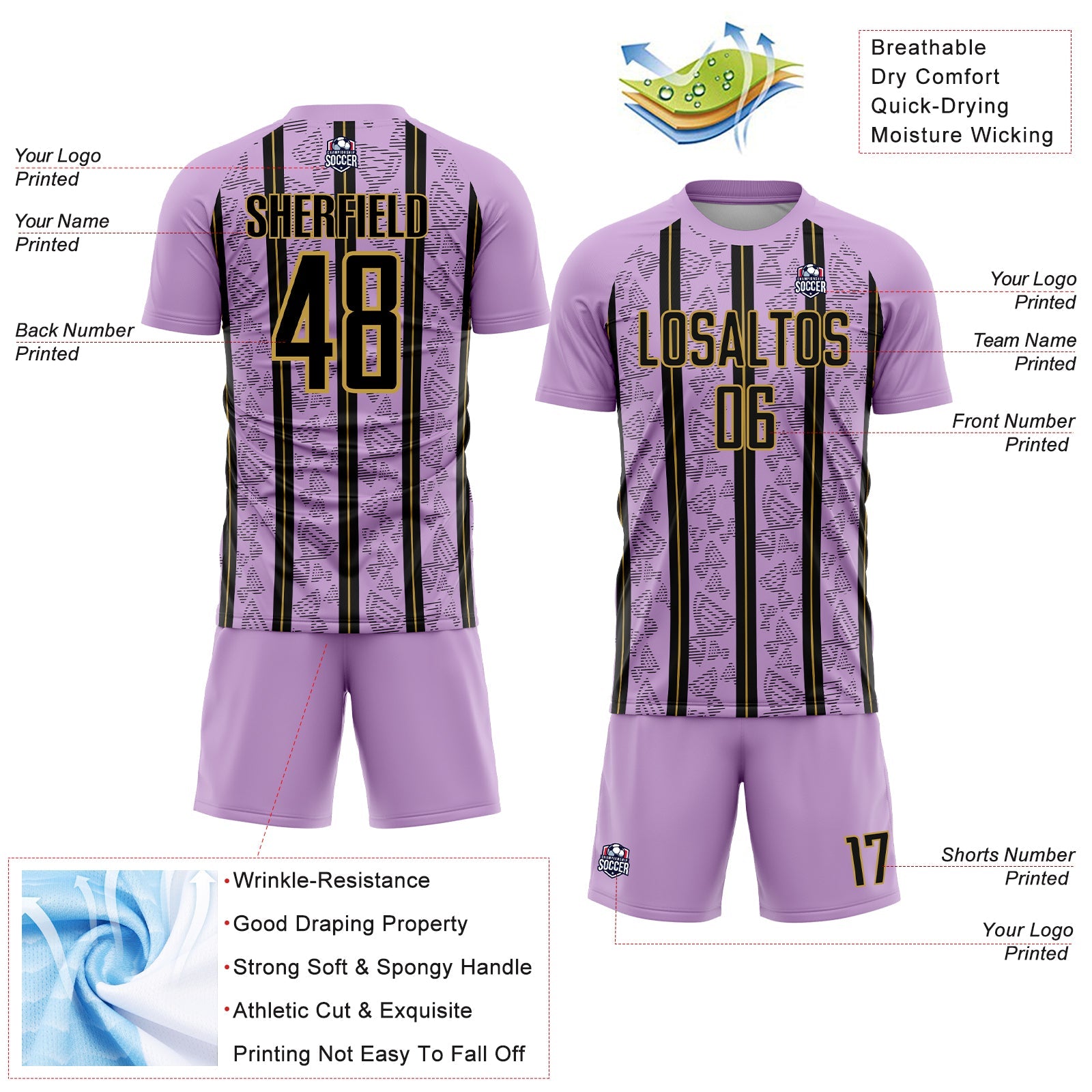 Custom Light Purple Black-Old Gold Stripe Line Sublimation Soccer Uniform Jersey view 4