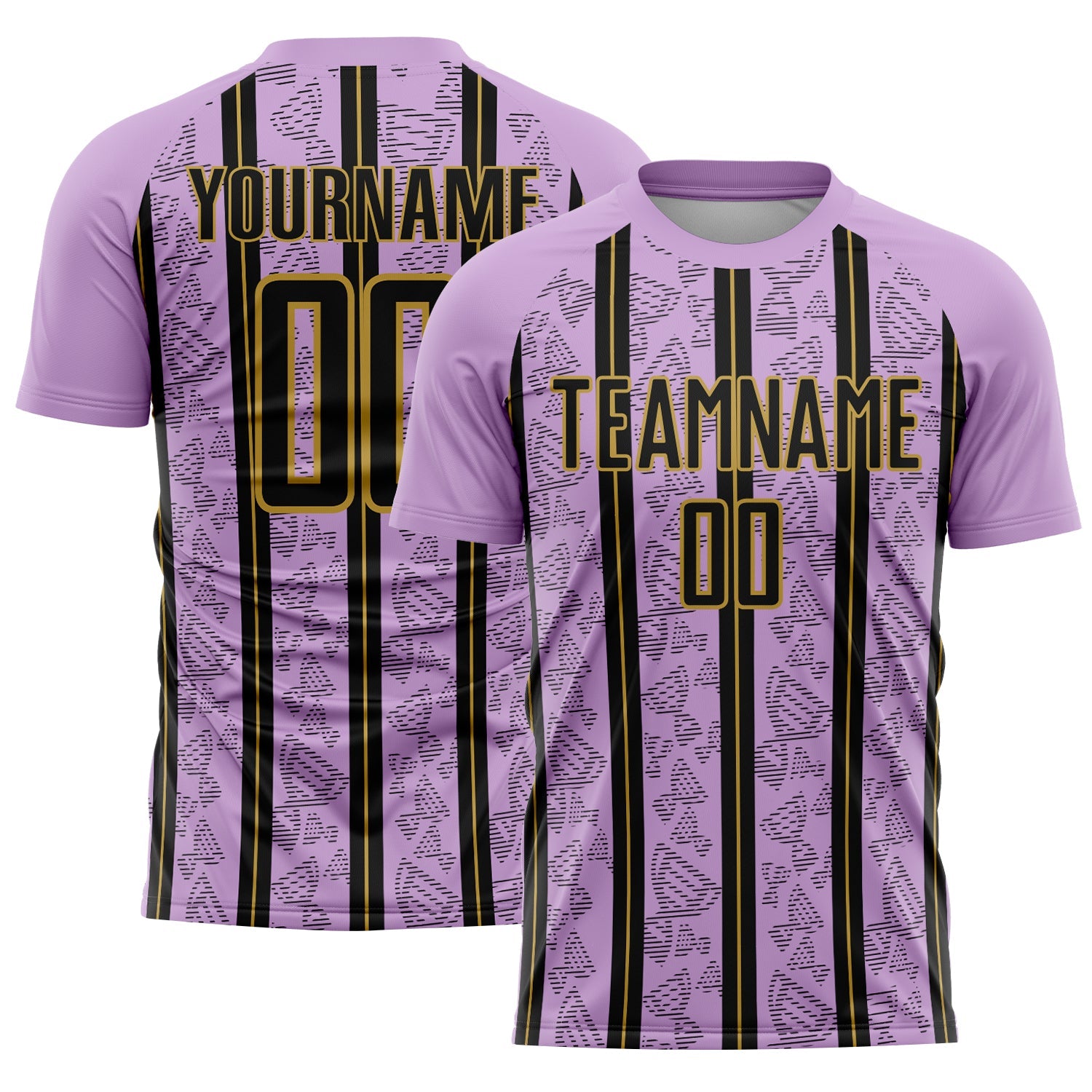Custom Light Purple Black-Old Gold Stripe Line Sublimation Soccer Uniform Jersey - Main View