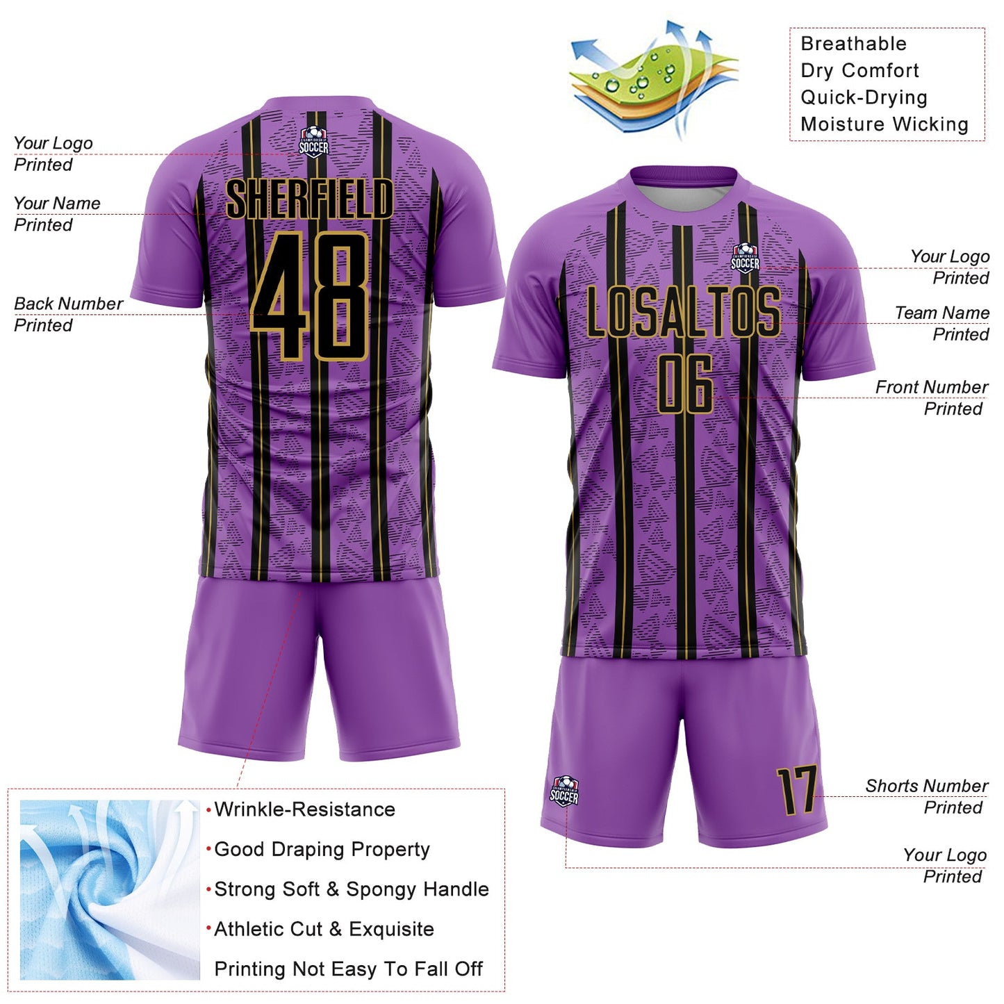 Custom Medium Purple Black-Old Gold Stripe Line Sublimation Soccer Uniform Jersey view 4