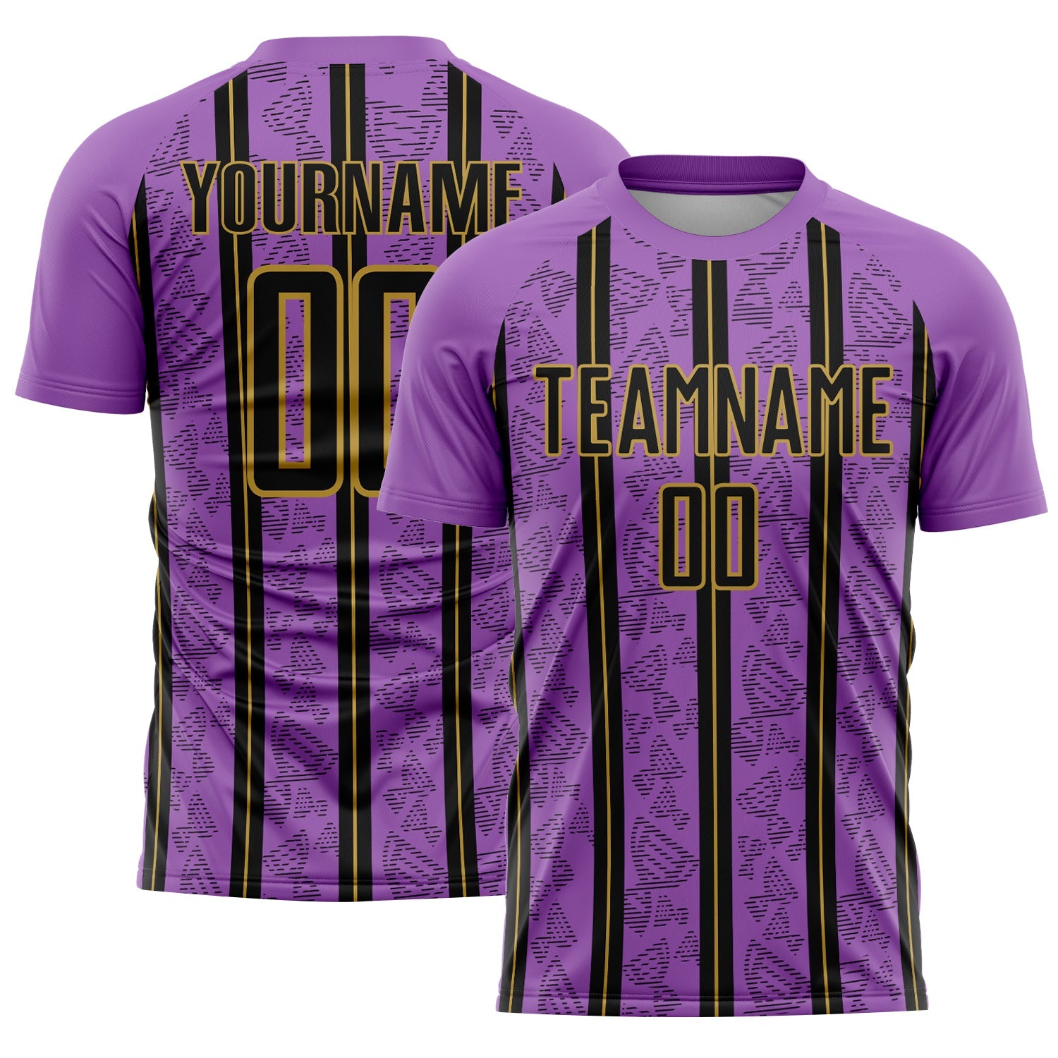 Custom Medium Purple Black-Old Gold Stripe Line Sublimation Soccer Uniform Jersey - Main View