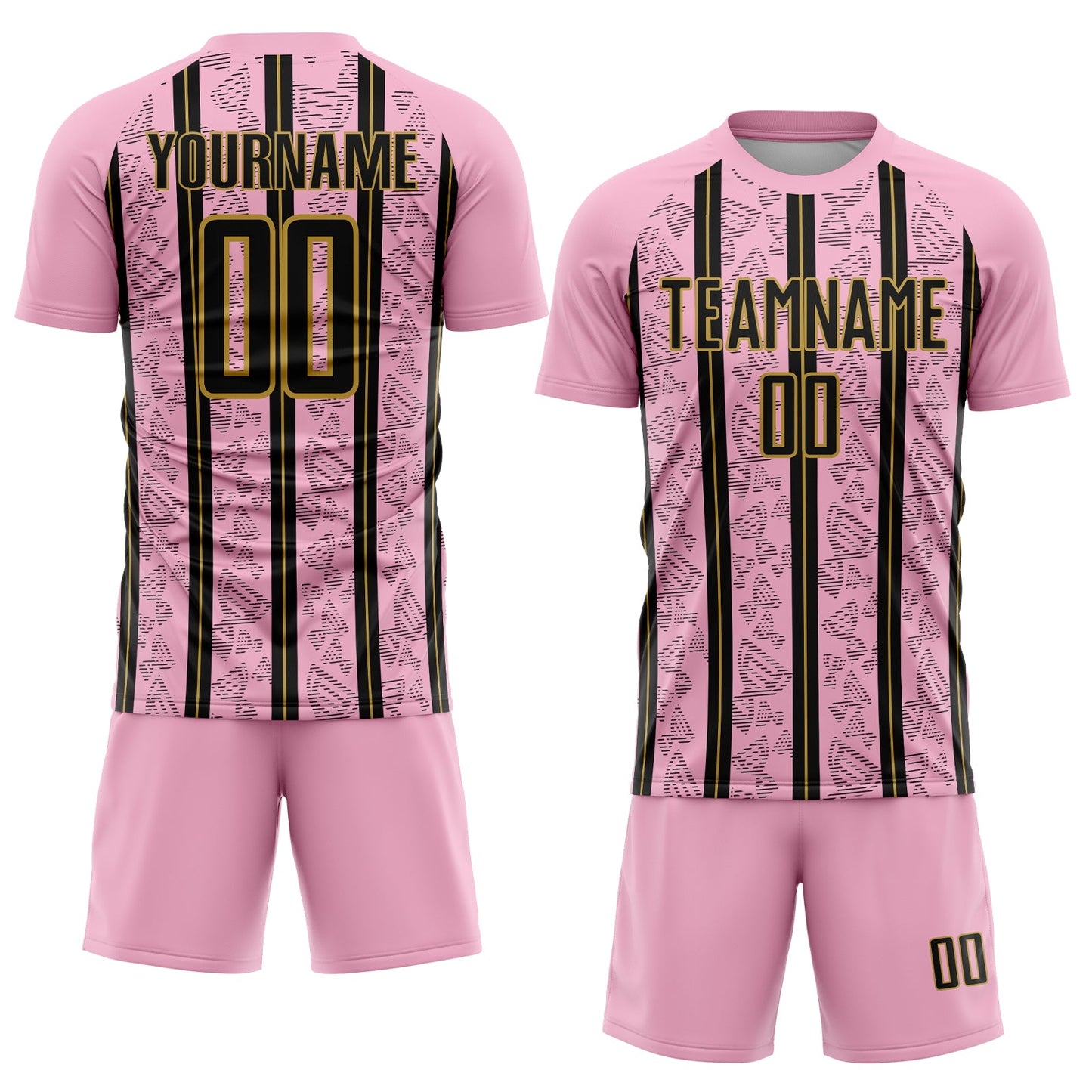 Custom Light Pink Black-Old Gold Stripe Line Sublimation Soccer Uniform Jersey view 2