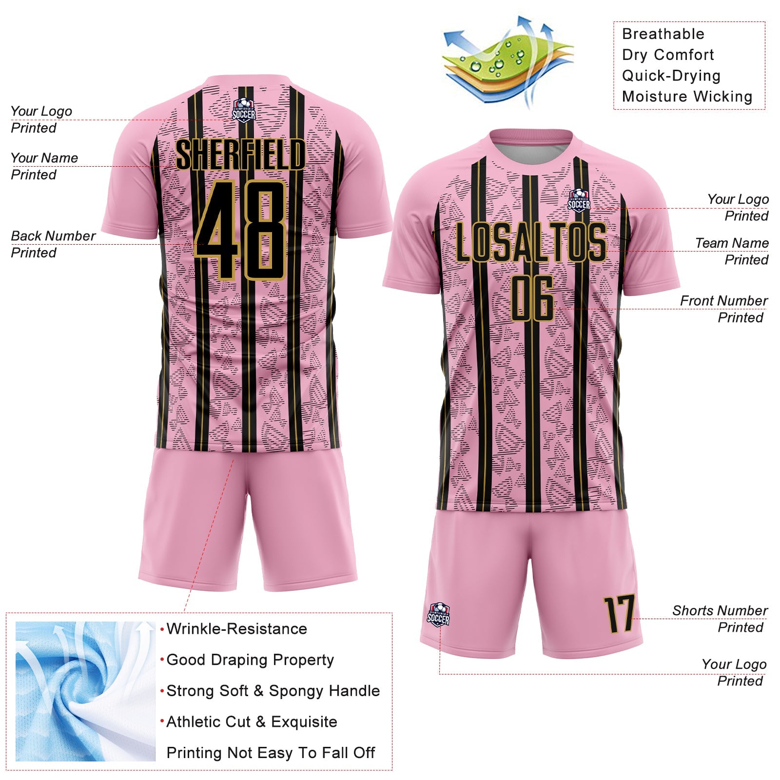 Custom Light Pink Black-Old Gold Stripe Line Sublimation Soccer Uniform Jersey view 4