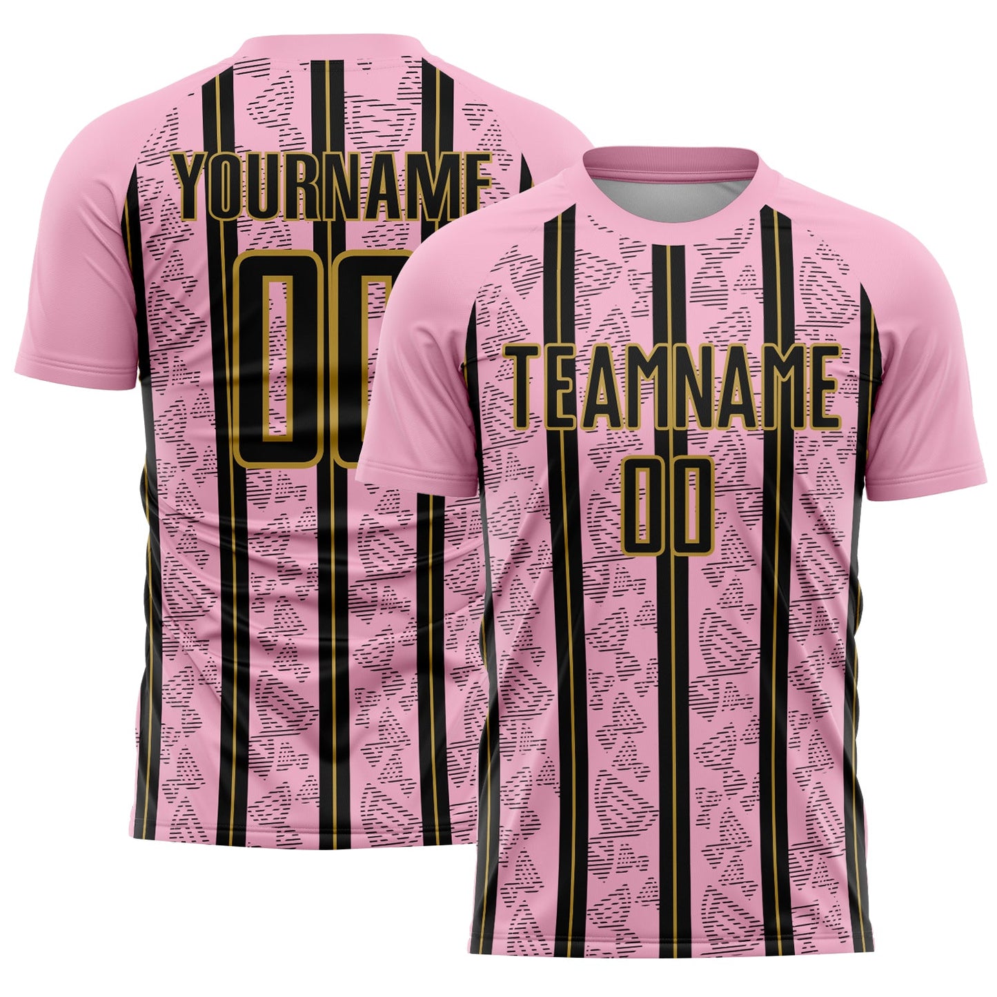 Custom Light Pink Black-Old Gold Stripe Line Sublimation Soccer Uniform Jersey - Main View