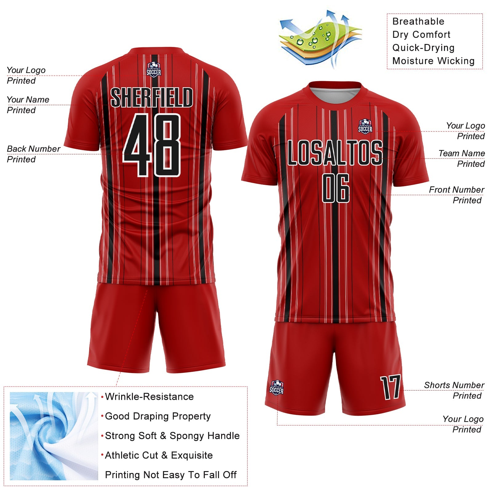 Custom Red Black-White Stripe Sublimation Soccer Uniform Jersey view 4
