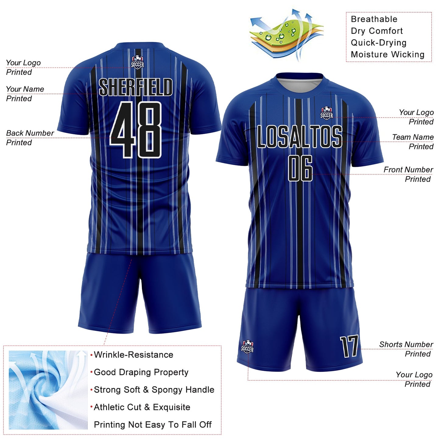Custom Royal Black-White Stripe Sublimation Soccer Uniform Jersey view 4