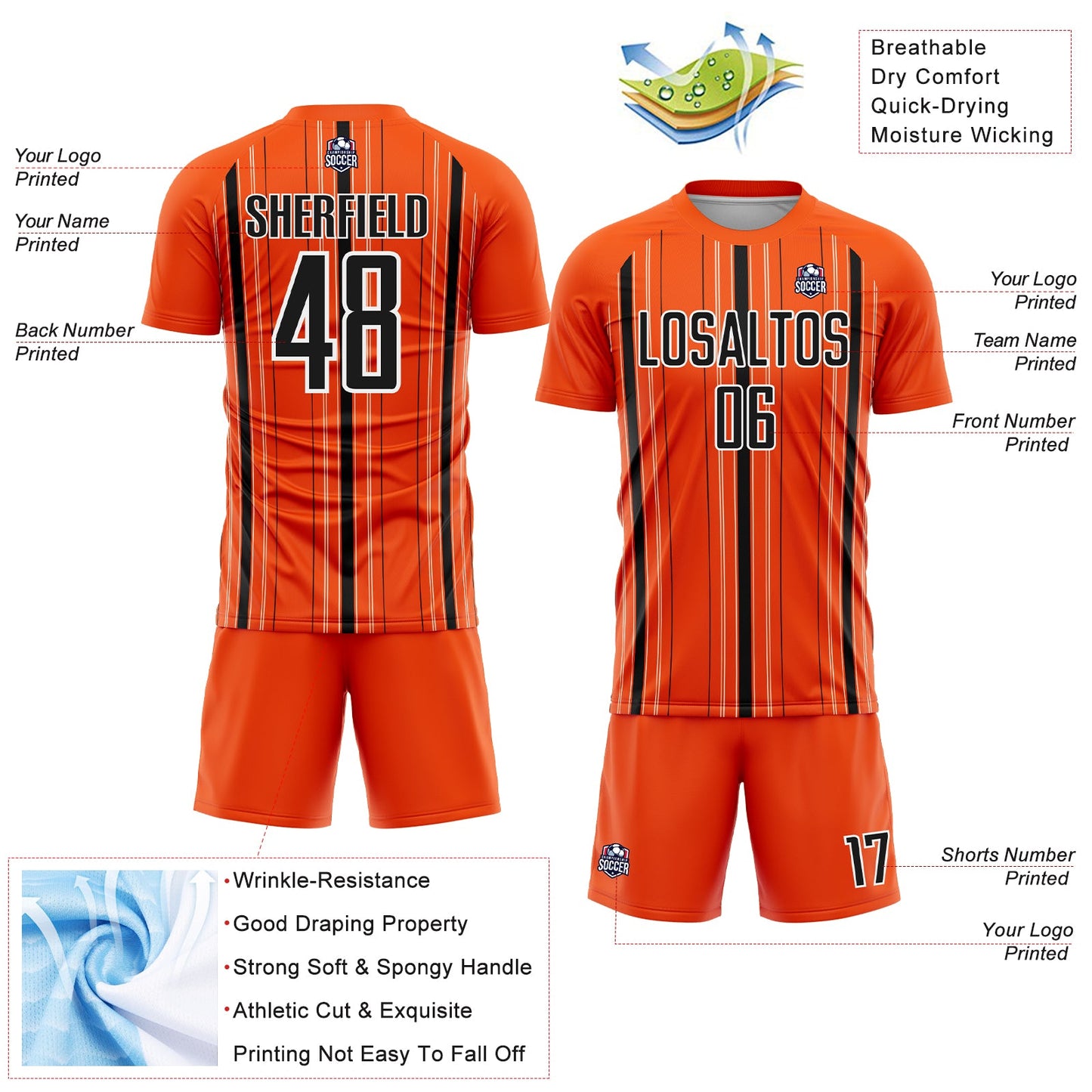 Custom Orange Black-White Stripe Sublimation Soccer Uniform Jersey view 4