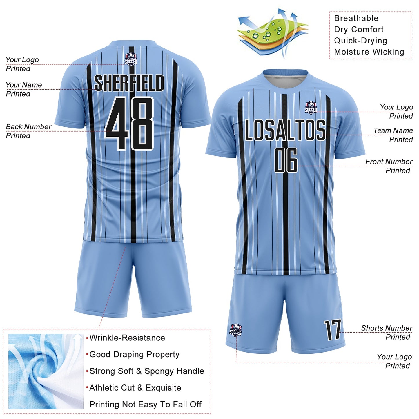 Custom Light Blue Black-White Stripe Sublimation Soccer Uniform Jersey view 4