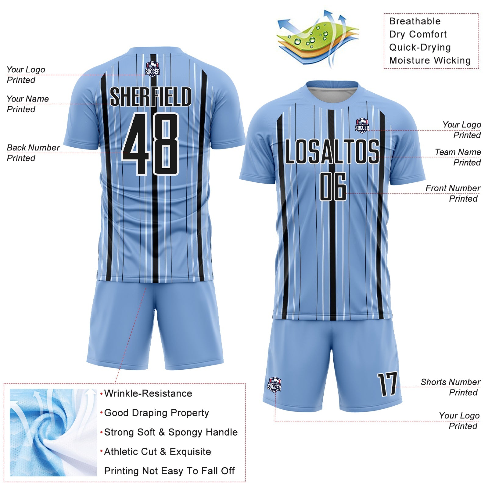 Custom Light Blue Black-White Stripe Sublimation Soccer Uniform Jersey view 4