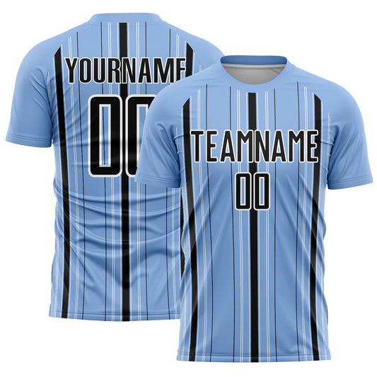 Custom Light Blue Black-White Stripe Sublimation Soccer Uniform Jersey - Main View