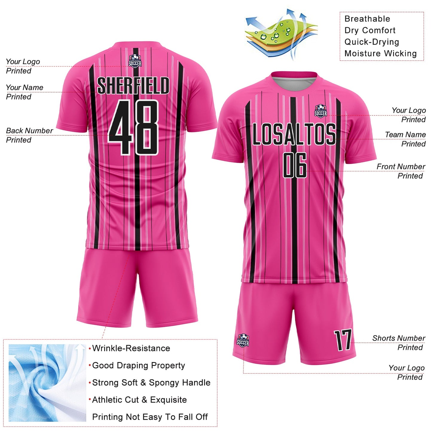 Custom Pink Black-White Stripe Sublimation Soccer Uniform Jersey view 4