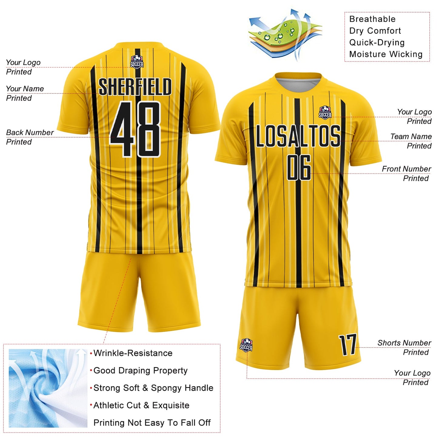 Custom Yellow Black-White Stripe Sublimation Soccer Uniform Jersey view 4