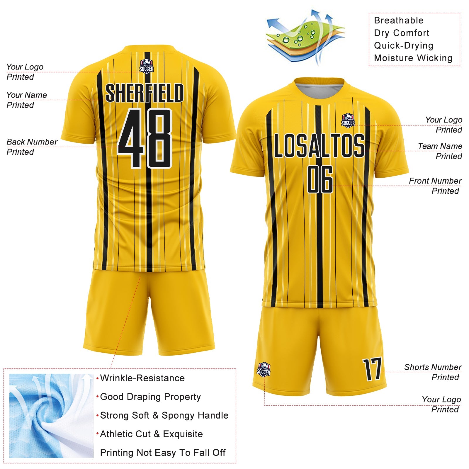 Custom Yellow Black-White Stripe Sublimation Soccer Uniform Jersey view 4