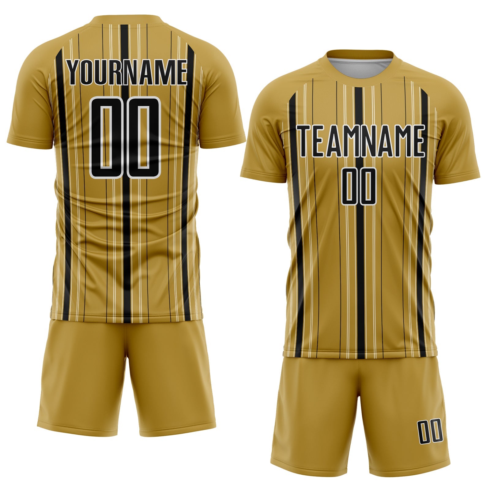Custom Old Gold Black-White Stripe Sublimation Soccer Uniform Jersey view 2