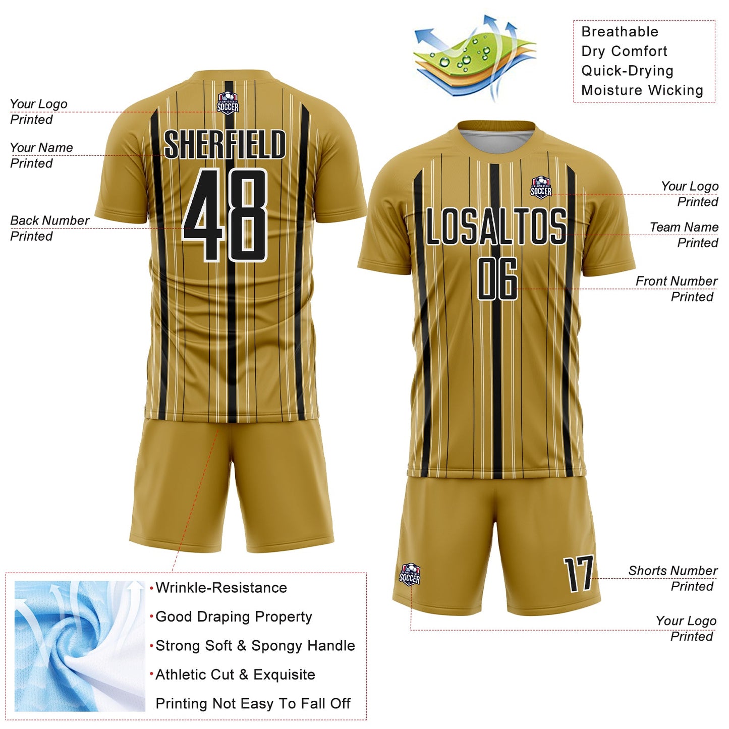 Custom Old Gold Black-White Stripe Sublimation Soccer Uniform Jersey view 4