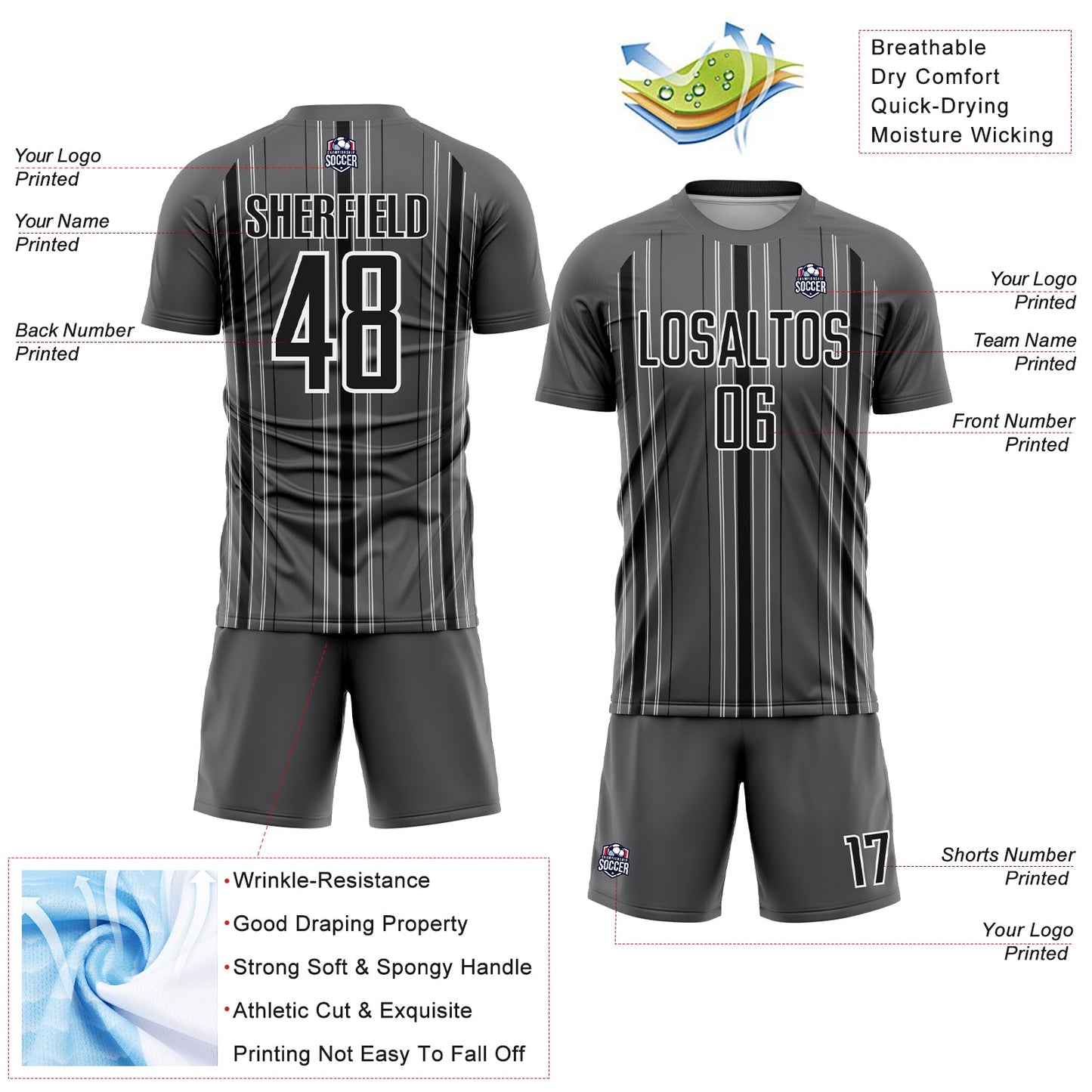 Custom Steel Gray Black-White Stripe Sublimation Soccer Uniform Jersey view 4