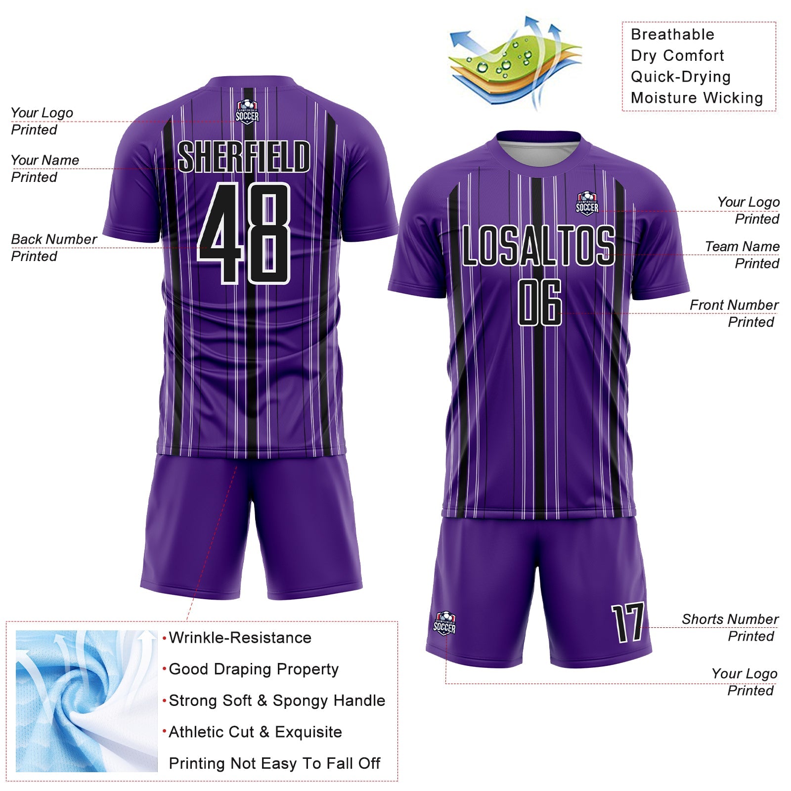 Custom Purple Black-White Stripe Sublimation Soccer Uniform Jersey view 4
