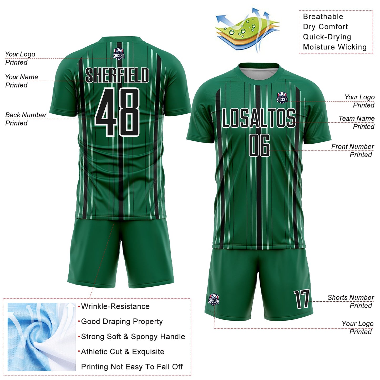 Custom Kelly Green Black-White Stripe Sublimation Soccer Uniform Jersey view 4