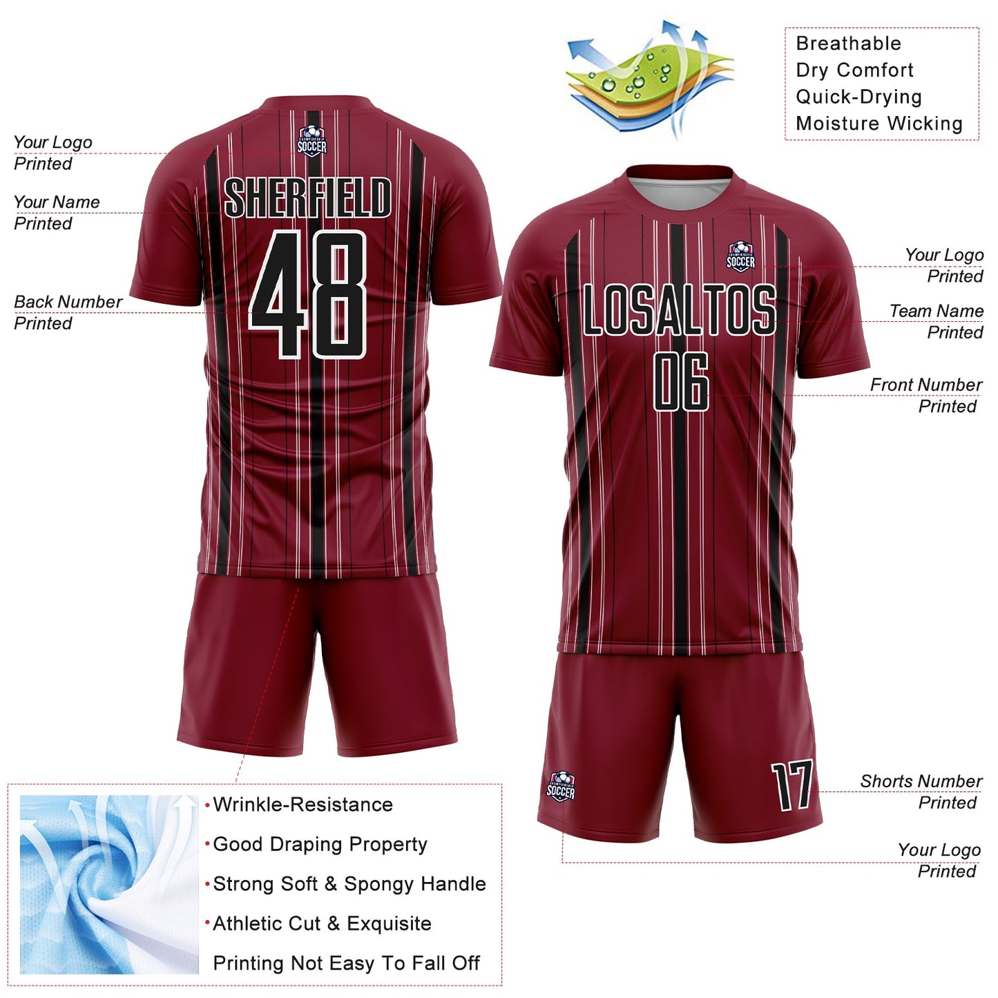 Custom Maroon Black-White Stripe Sublimation Soccer Uniform Jersey view 4