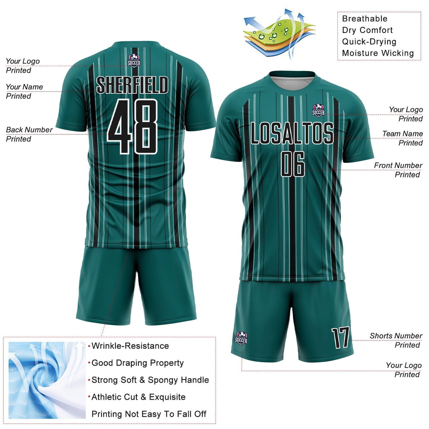 Custom Teal Black-White Stripe Sublimation Soccer Uniform Jersey view 4