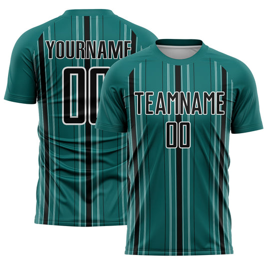 Custom Teal Black-White Stripe Sublimation Soccer Uniform Jersey - Main View