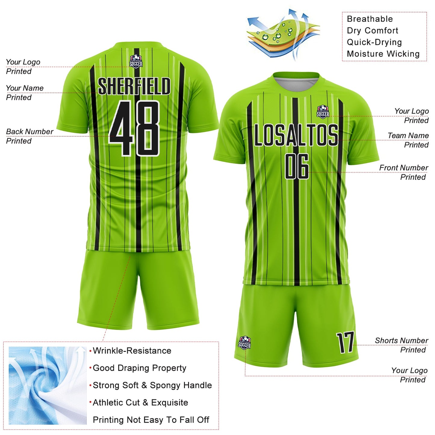 Custom Neon Green Black-White Stripe Sublimation Soccer Uniform Jersey view 4