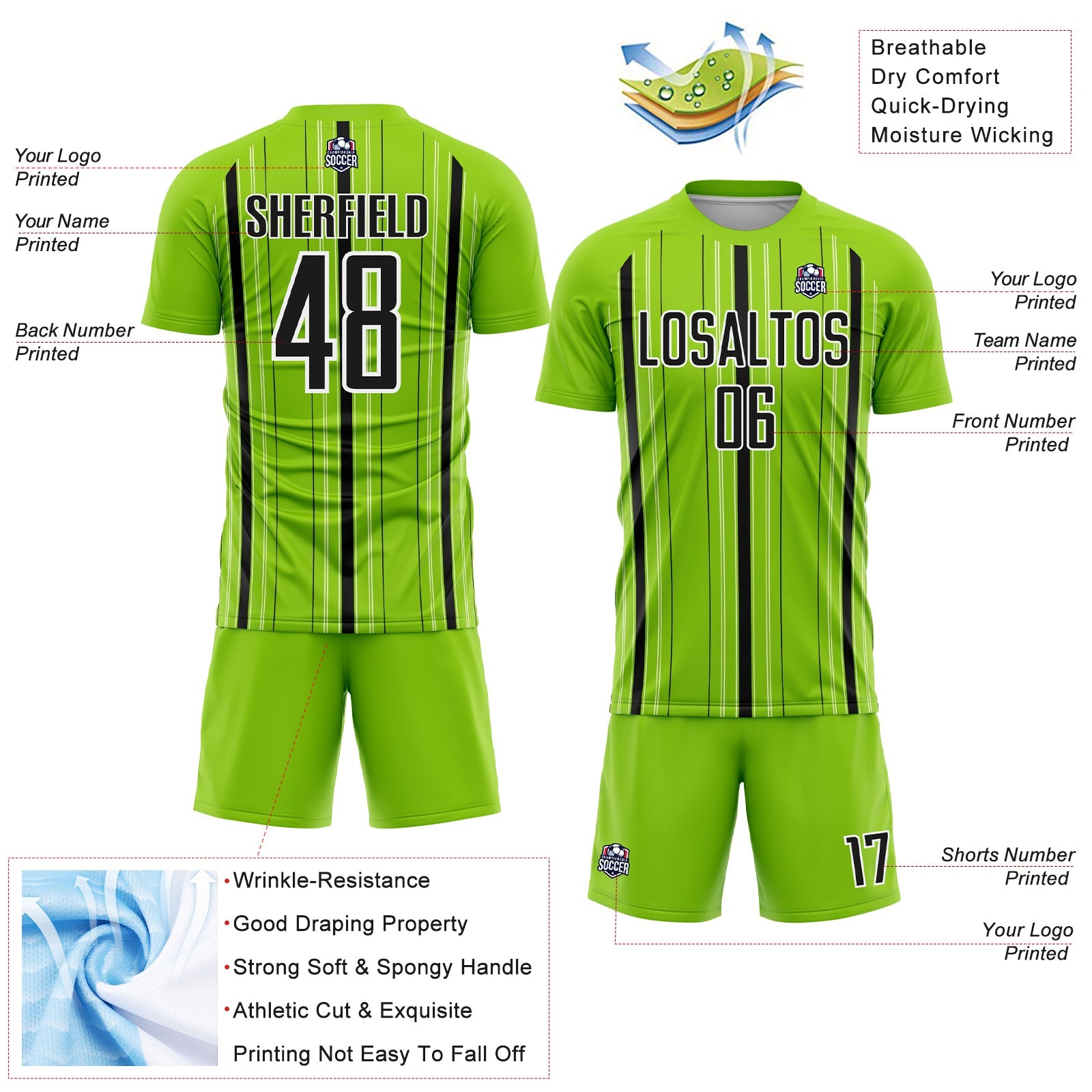 Custom Neon Green Black-White Stripe Sublimation Soccer Uniform Jersey view 4