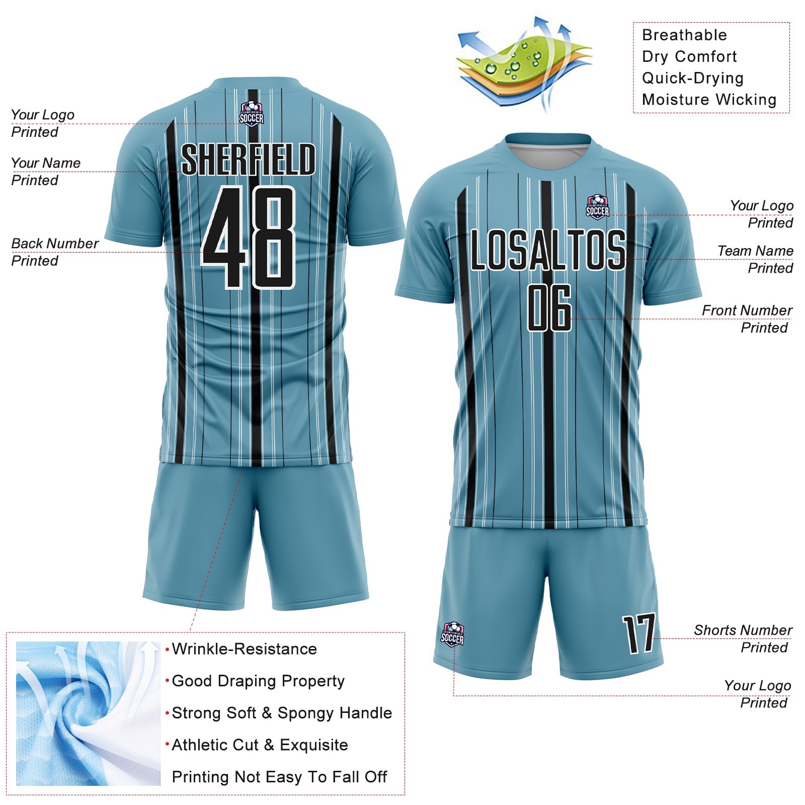 Custom Shadow Blue Black-White Stripe Sublimation Soccer Uniform Jersey view 4