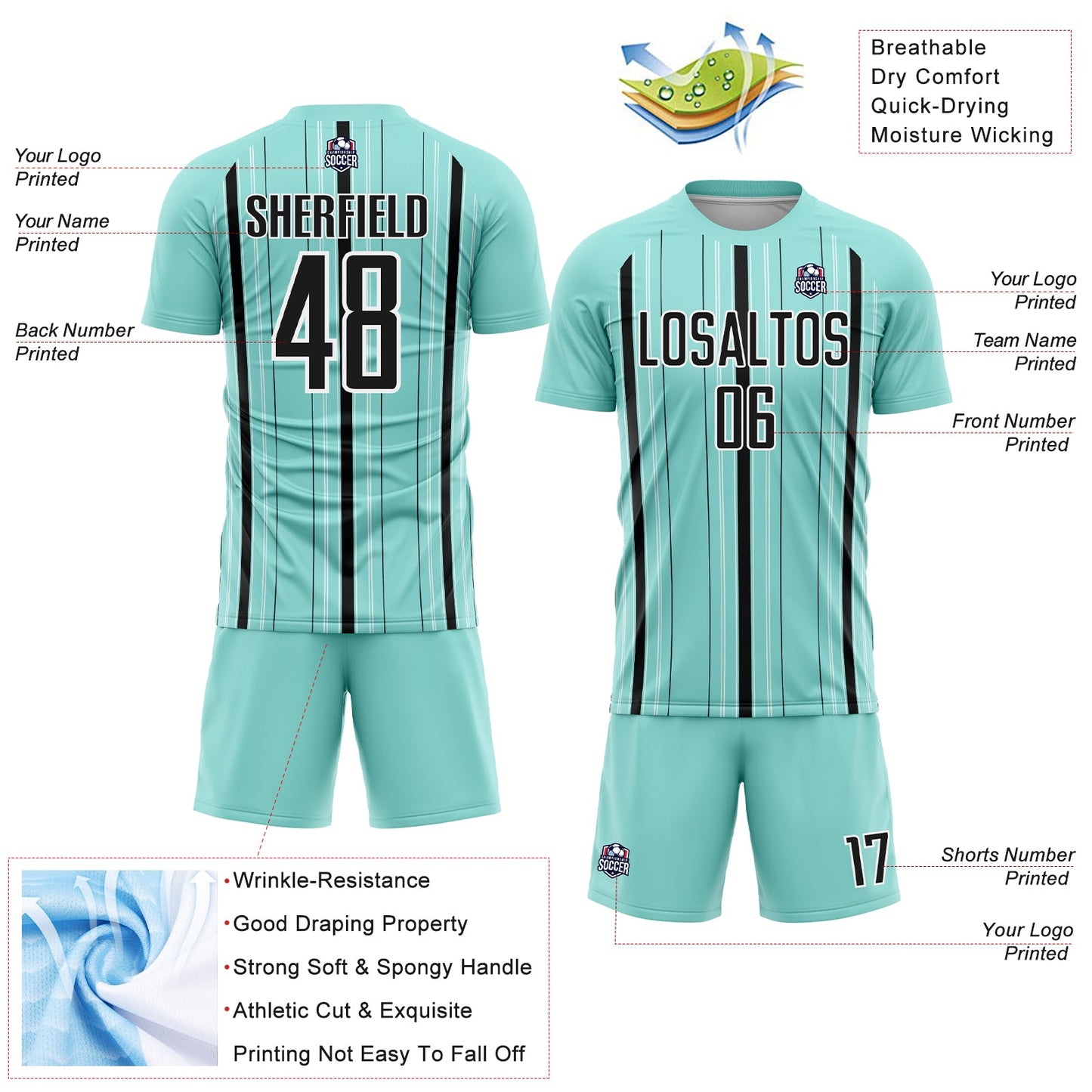 Custom Ice Blue Black-White Stripe Sublimation Soccer Uniform Jersey view 4