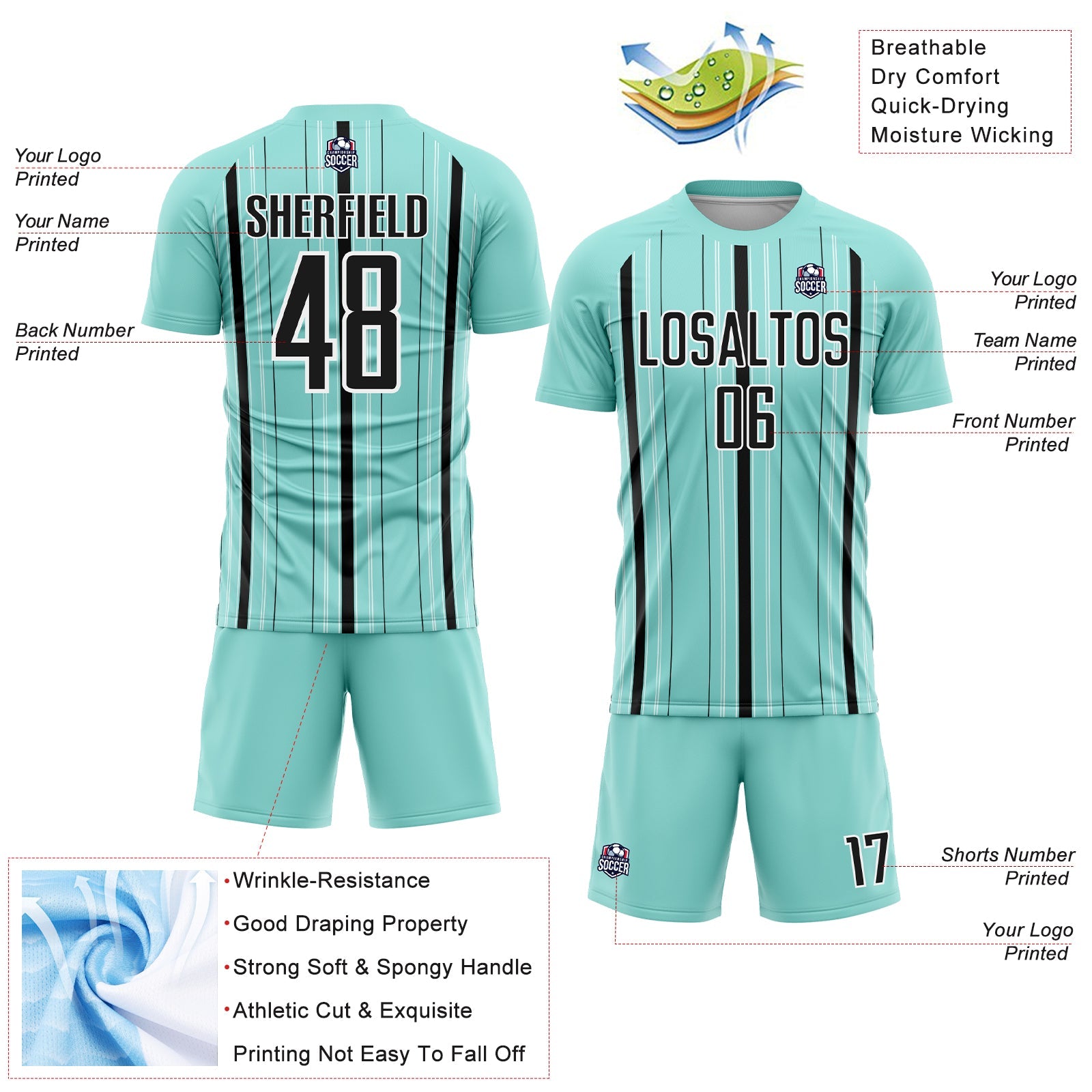 Custom Ice Blue Black-White Stripe Sublimation Soccer Uniform Jersey view 4