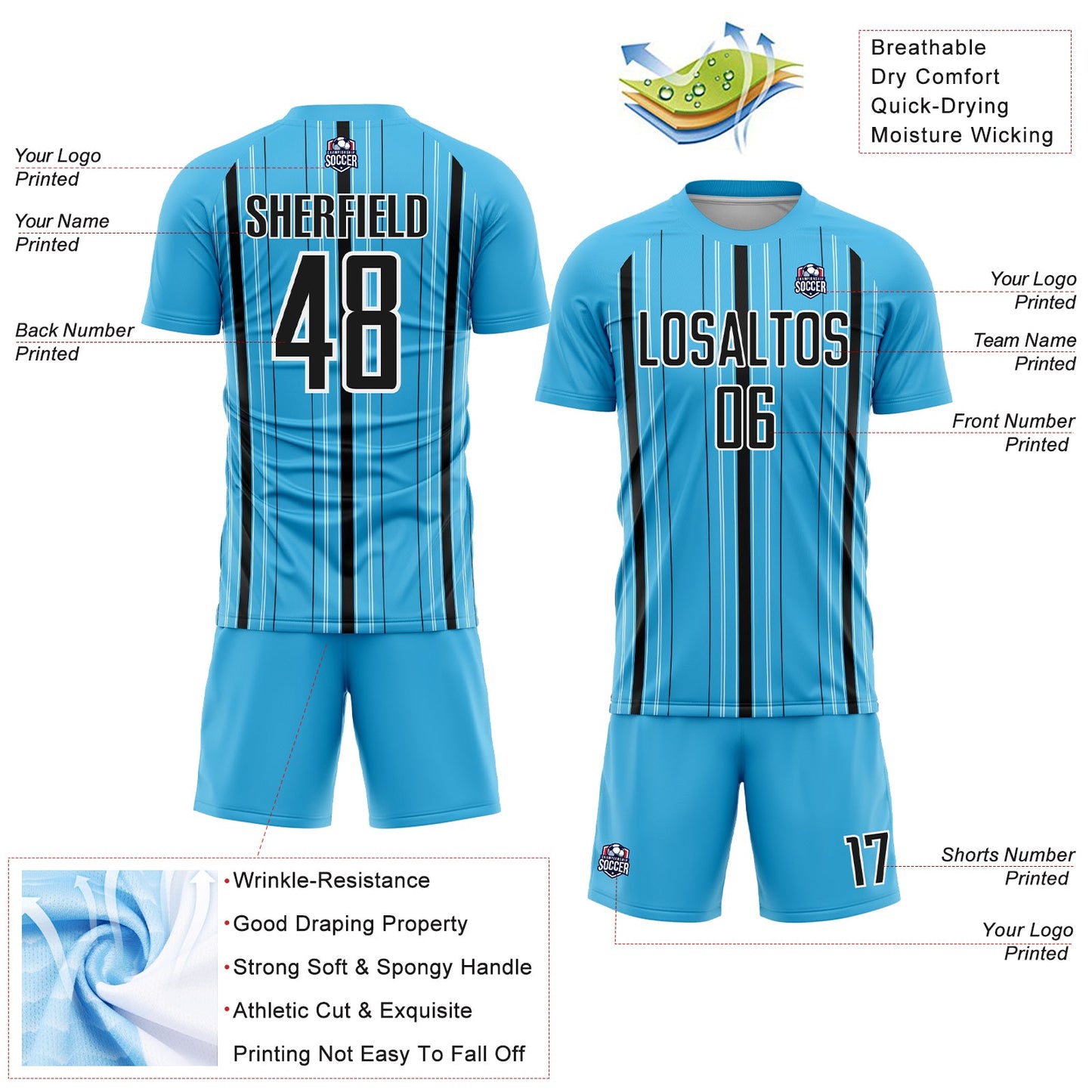 Custom Sky Blue Black-White Stripe Sublimation Soccer Uniform Jersey view 4
