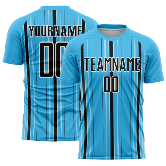 Custom Sky Blue Black-White Stripe Sublimation Soccer Uniform Jersey - Main View