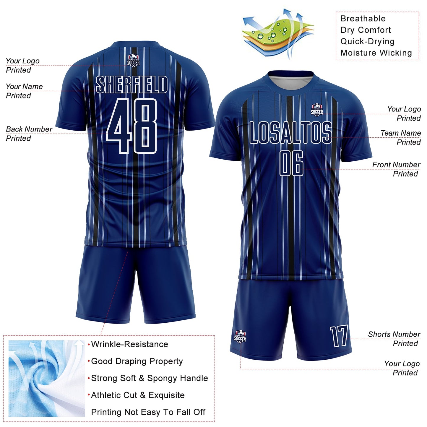 Custom Navy Black-White Stripe Sublimation Soccer Uniform Jersey view 4