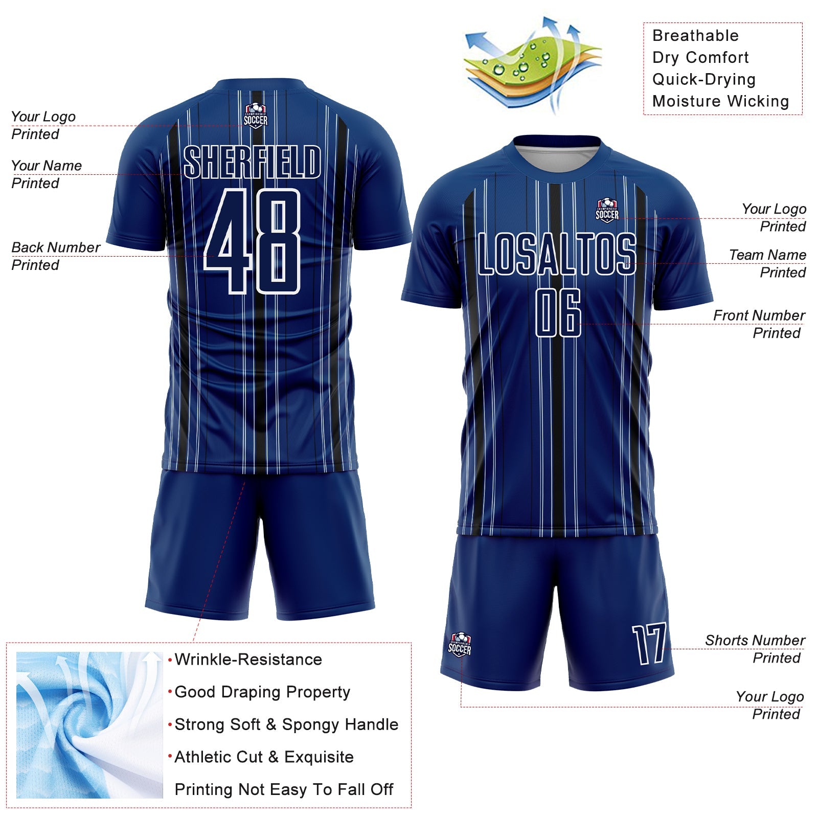 Custom Navy Black-White Stripe Sublimation Soccer Uniform Jersey view 4